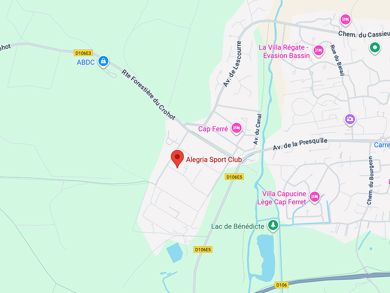 Carte montrant l'emplacement de l'Alegria Sport Club près de la Rte Forestière du Crohot (D106E3) et du Lac de Bénédicte.