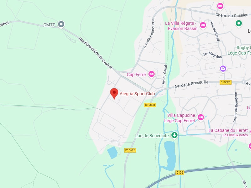 Carte Google Maps de Lège-Cap-Ferret localisant l'Alegria Sport Club, avec Rte Forestière du Crohot, Av. de la Presqu'île et Lac de Bénédicte.