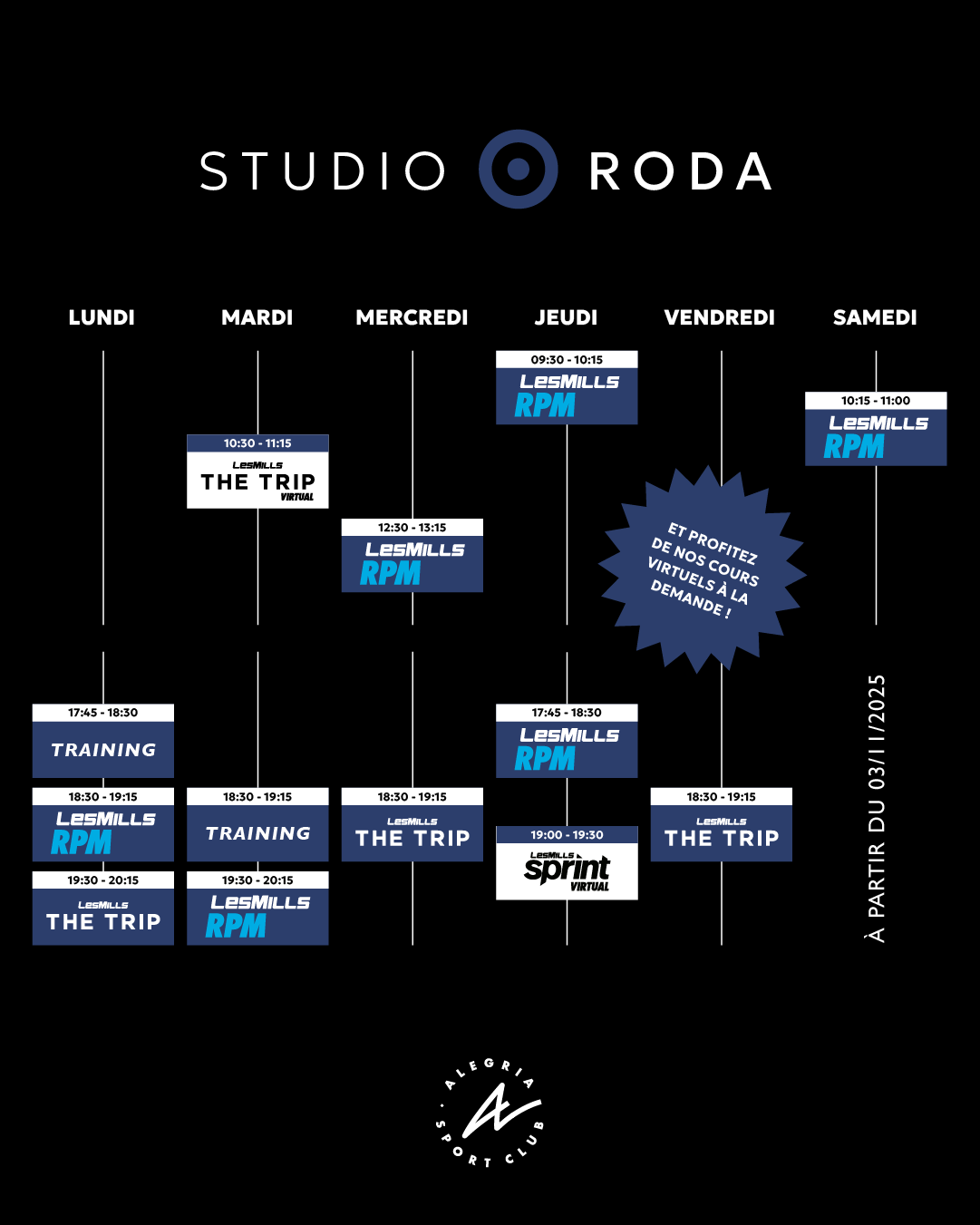 Planning Cours Studio Roda : Les Mills RPM, The Trip Planning Studio Roda des cours Les Mills RPM, The Trip, Training et Sprint virtuel à partir du 03/11/2025. Profitez des cours virtuels à la demande !