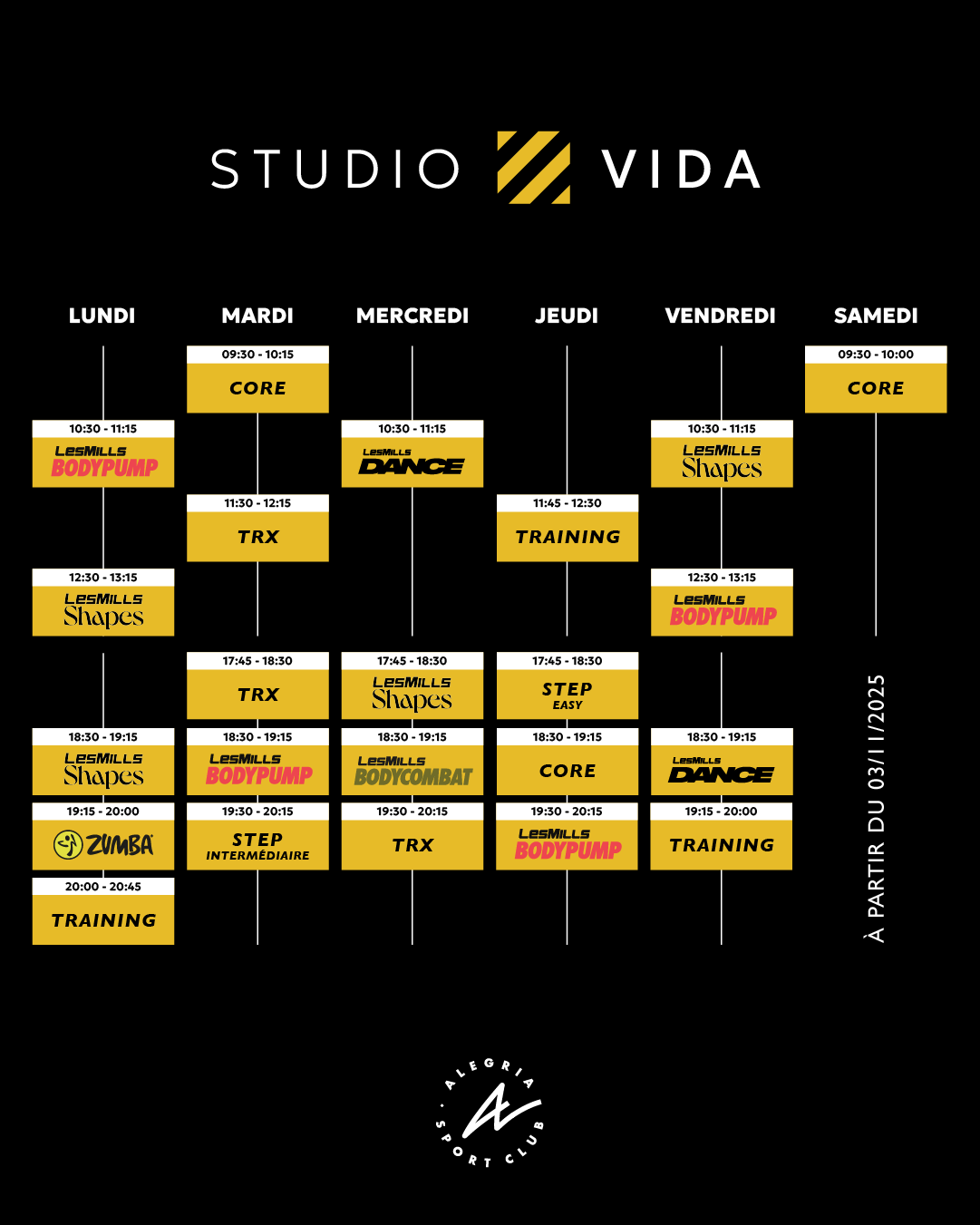 Programme Studio Vida : Cours Les Mills, Zumba, TRX Programme Studio Vida du lundi au samedi : Les Mills BODYPUMP, Shapes, DANCE, TRX, CORE, ZUMBA et Training jusqu'au 03/11/2025.