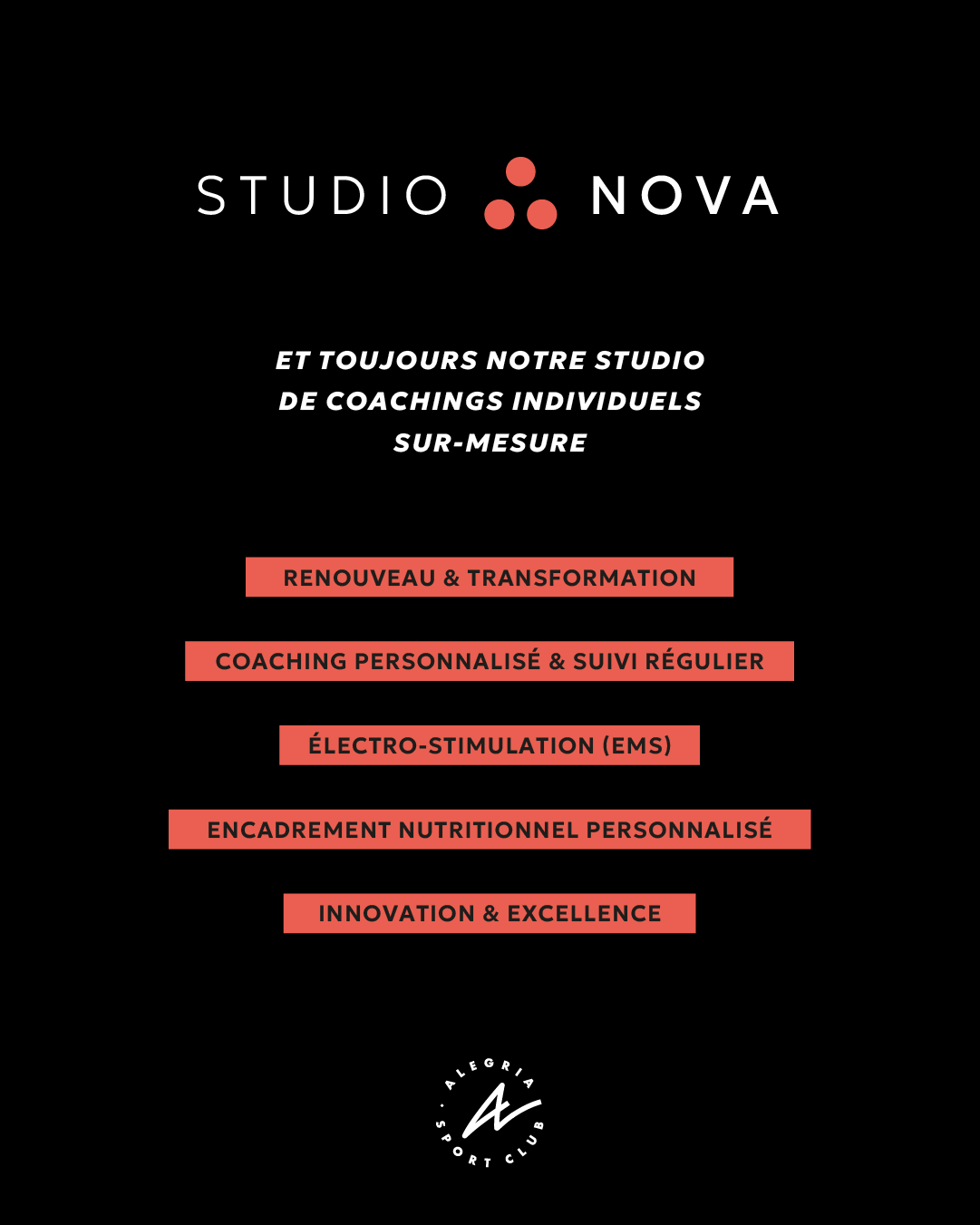 Studio Nova : Coaching, EMS, Nutrition sur-mesure Logo STUDIO NOVA avec services : Renouveau & Transformation, Coaching personnalisé, Électro-stimulation (EMS), Nutrition et Excellence.