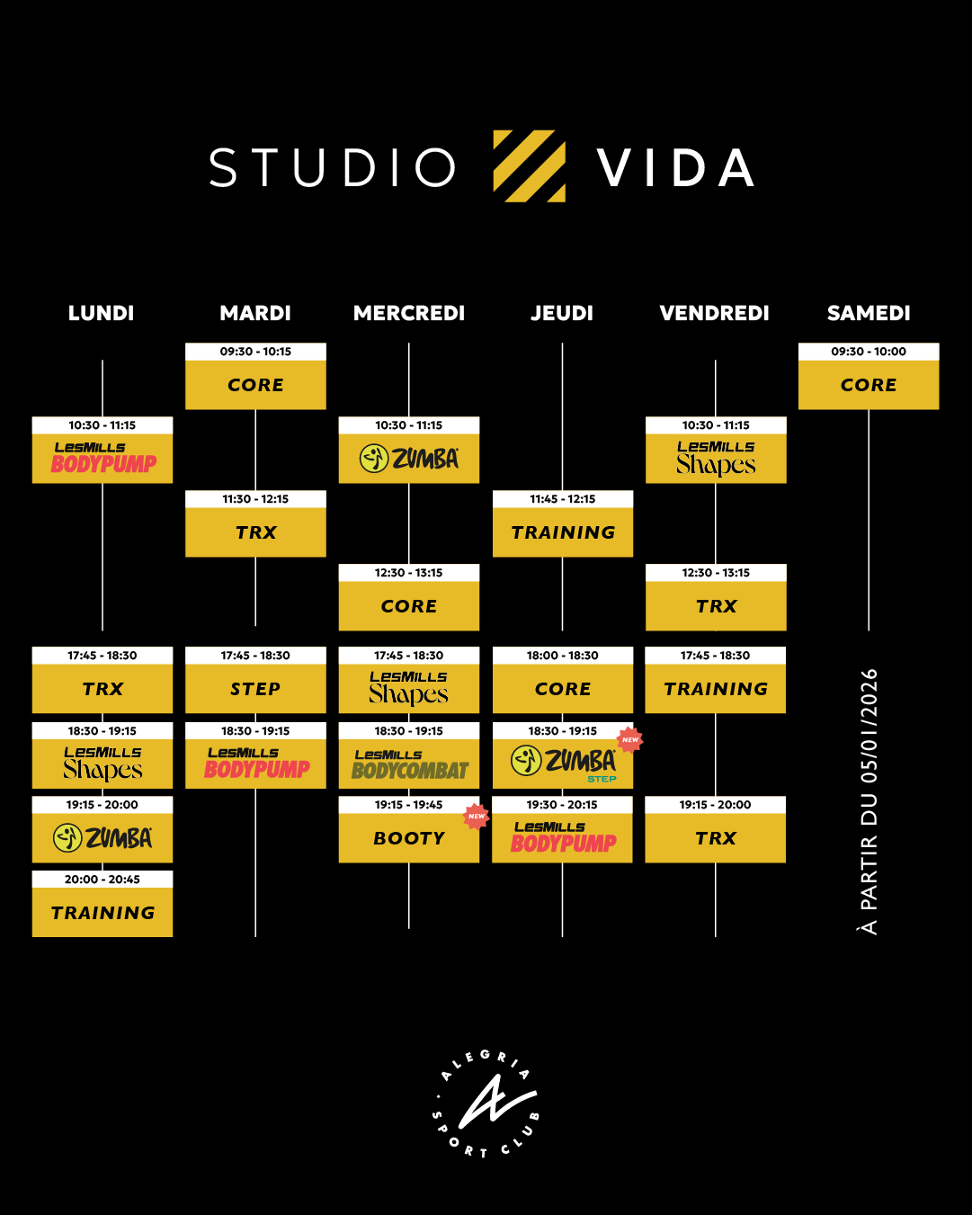 Planning STUDIO VIDA : Cours LesMills, Zumba, TRX et Core Planning STUDIO VIDA (Lundi-Samedi) : cours LesMills (BodyPump, Shapes, Combat), Zumba, TRX, Core, Training et Booty. Début 05/01/2026.