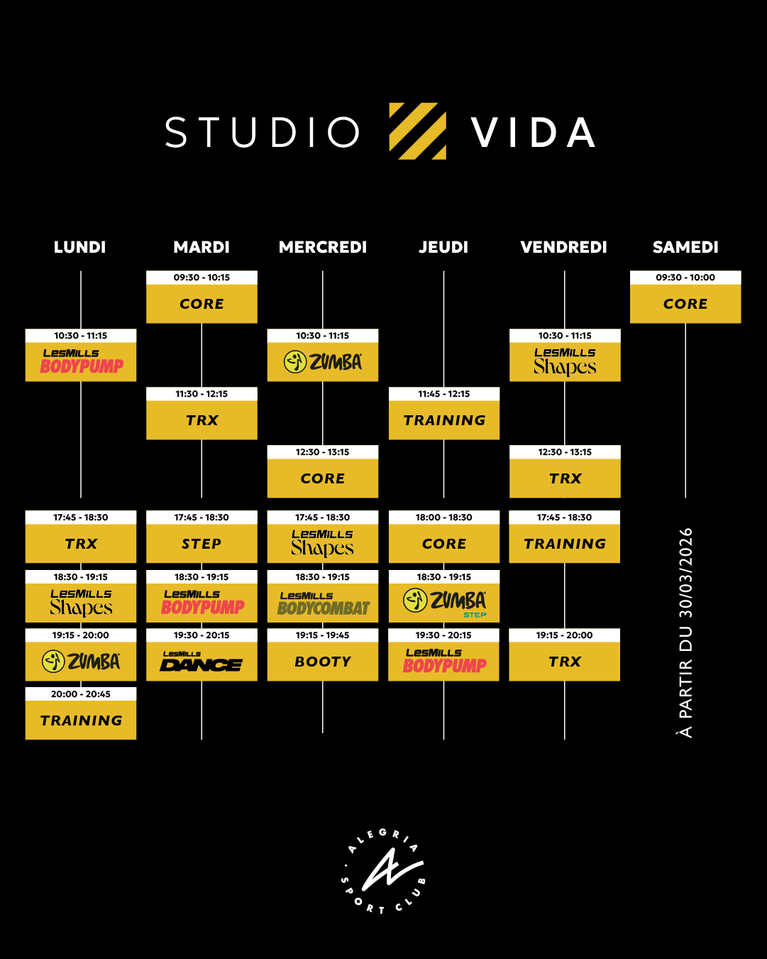 Planning hebdomadaire Studio Vida Alegria Sport Club : cours de fitness, Zumba, TRX et Bodypump dès le 30/03/2026.