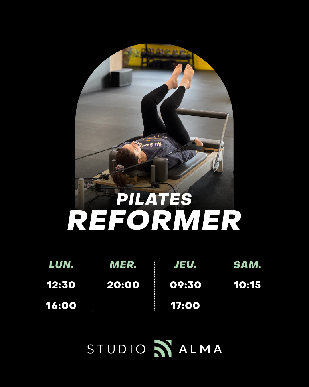 Pilates Reformer au Studio Alma : Planning et Horaires Femme sur Reformer au Studio Alma. Planning Pilates : Lun 12:30/16:00, Mer 20:00, Jeu 09:30/17:00, Sam 10:15.